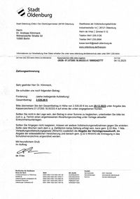 Schreiben Stadt Oldenburg Stadtkasse als Vollstreckungsbehörde vom 04.12.2023